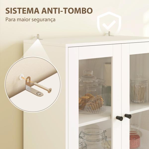 Armário de Cozinha Alto Móvel Auxiliar de Cozinha com 4 Portas de Vidro 2 Gavetas Prateleiras Ajustáveis 59x30x170 cm, Branco