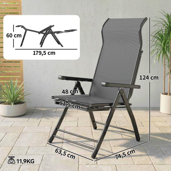 Conjunto de 2 Cadeiras Dobráveis Reclináveis de Jardim Exterior com Encosto Alto Ajustável em 5 Posições Apoio para Pés Cinza Escuro