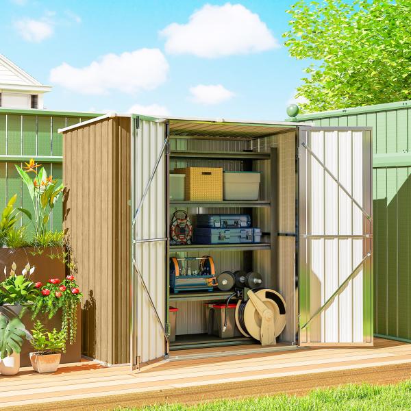 Abrigo de Jardim Exterior Metálico 1,37 m² 163x89x163 cm com Telhado Inclinado, Portas com Fecho e Luvas Castanho