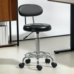 Banco Giratório com Rodas e Encosto Banco de Trabalho com Altura Ajustável Banco Estofado em Couro Sintético 32x40x70x70 - 86 cm Preto