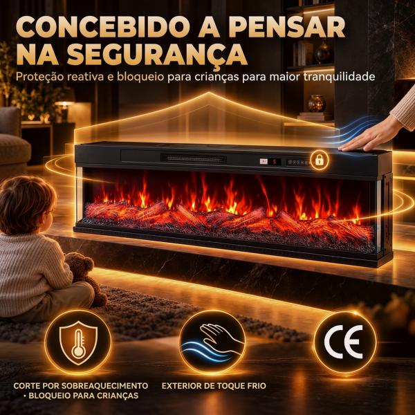 Lareira Elétrica Encastrável ou de Chão 750/1500W, 3 Lados, 12 Cores de Chama 3D, Termóstato, Comando à Distância, Preto