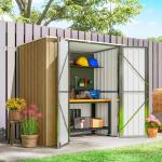 Abrigo de Jardim Exterior Metálico 1,37 m² 163x89x163 cm com Telhado Inclinado, Portas com Fecho e Luvas Castanho
