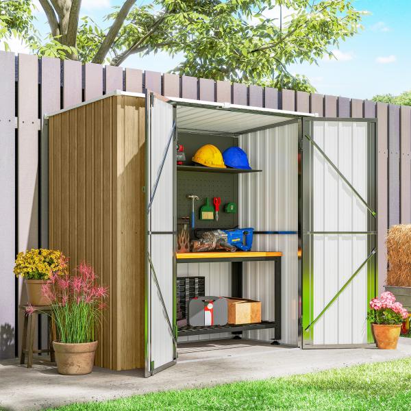 Abrigo de Jardim Exterior Metálico 1,37 m² 163x89x163 cm com Telhado Inclinado, Portas com Fecho e Luvas Castanho