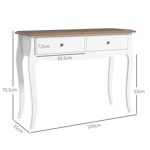 Mesa Consola Consola de Entrada com 2 Gavetas Estilo Francês 100x35x76,5 cm Branco e Marrom Escuro
