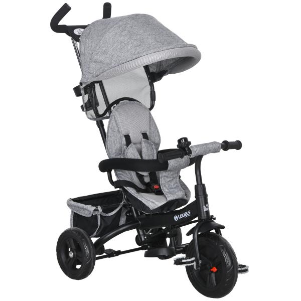 Triciclo Evolutivo para Bebés de +12 Meses 2 em 1 com Toldo Dobrável Guiador Cinto de Segurança e Cesto 95x50x106 cm Cinza