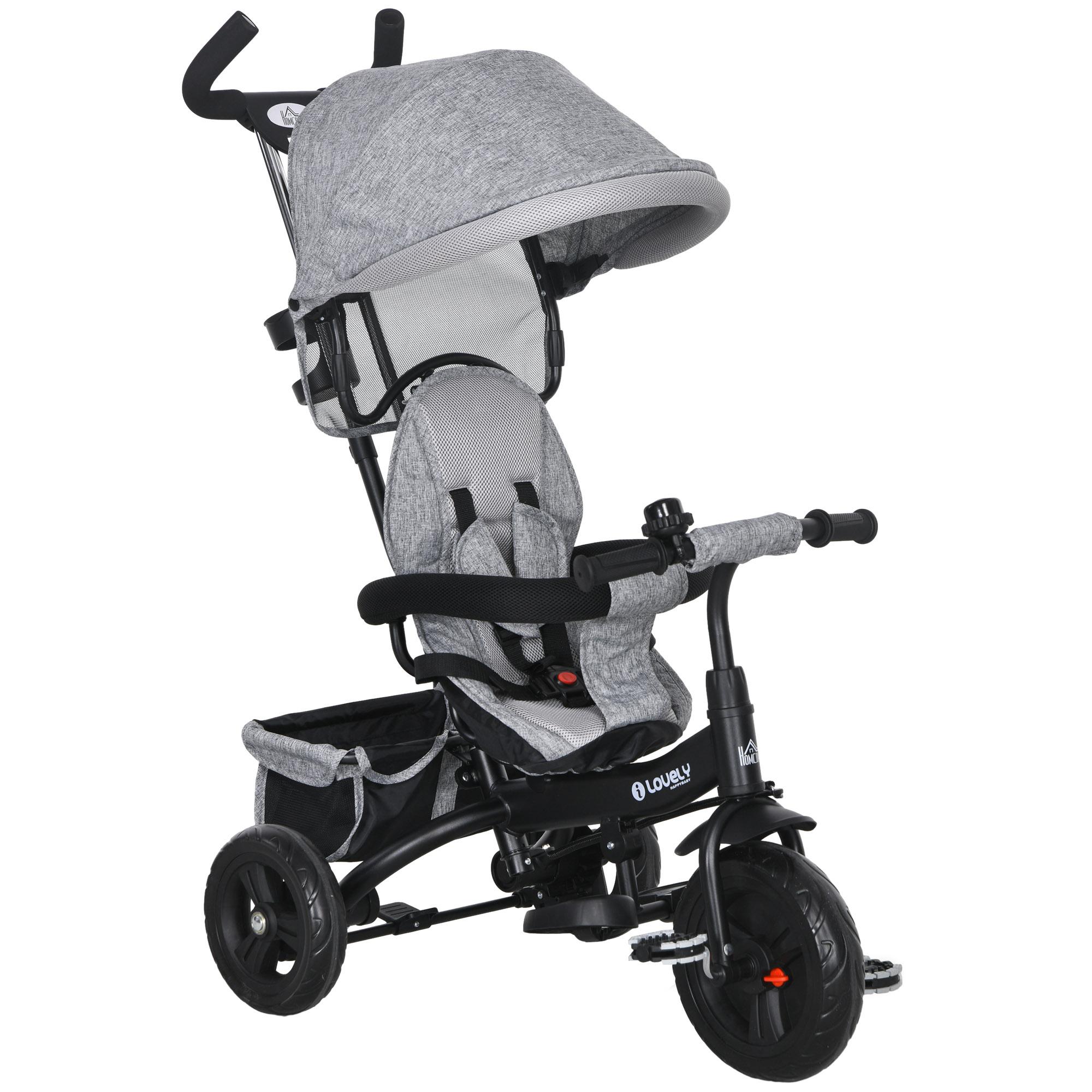 Triciclo Evolutivo para Bebés de +12 Meses 2 em 1 com Toldo Dobrável Guiador Cinto de Segurança e Cesto 95x50x106 cm Cinza