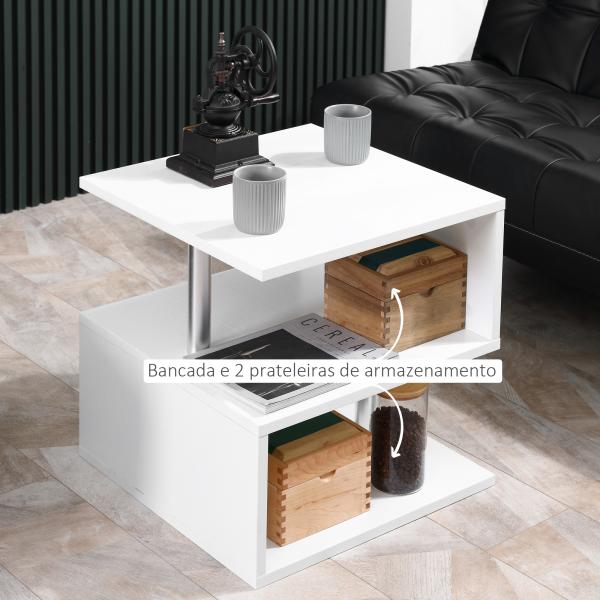 Mesa de Apoio com Forma de S Compartimentos Abertos 2 Níveis Desenho Elegante 50x50x50cm Branco