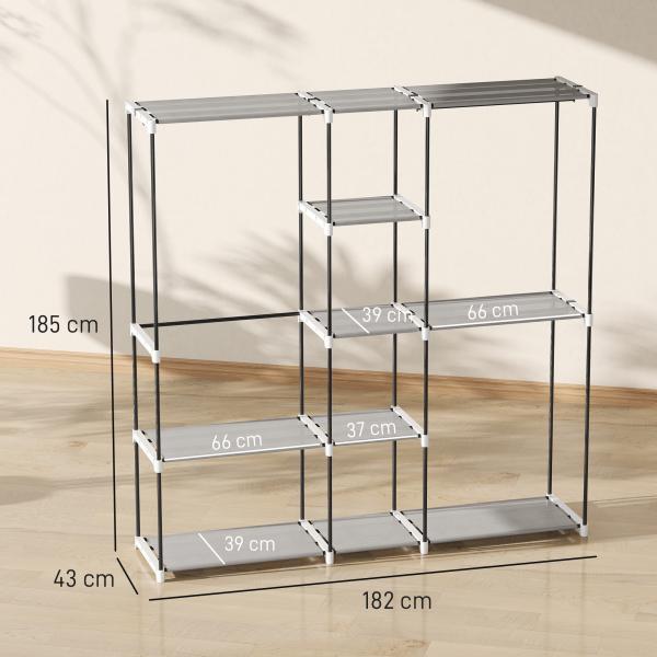 Armário para Roupas 182x43x185 cm Armário Aberto com 8 Prateleiras de Tecido Barras para Pendurar 182x43x185 cm Cinza