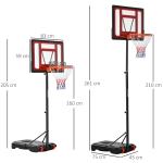 Tabela de Basquetebol Ajustável de 160 - 210cm Aro de Basquetebol com Suporte de Aço Base Recarregável 2 Rodas para Crianças e Adultos 75x83x261cm Vermelho e Preto