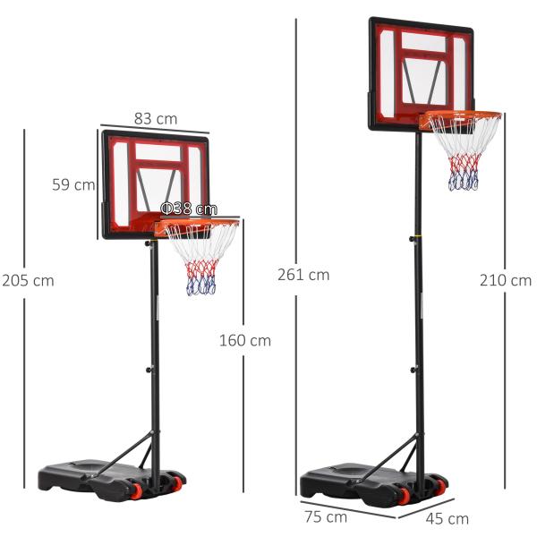 Tabela de Basquetebol Ajustável de 160 - 210cm Aro de Basquetebol com Suporte de Aço Base Recarregável 2 Rodas para Crianças e Adultos 75x83x261cm Vermelho e Preto