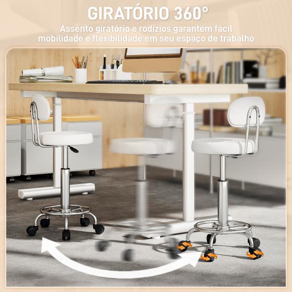 Banco Giratório com Rodas e Encosto Banco de Trabalho com Altura Ajustável Banco Estofado em Couro Sintético 32x40x70x70 - 86 cm Branco