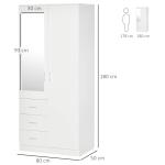 Armário Roupeiro de 2 Portas com Espelho 3 Gavetas Prateleiras Ajustáveis e Barra para Pendurar Incluida Roupeiro para Dormitório 80x50x180cm Branco