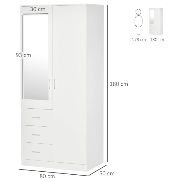 Armário Roupeiro de 2 Portas com Espelho 3 Gavetas Prateleiras Ajustáveis e Barra para Pendurar Incluida Roupeiro para Dormitório 80x50x180cm Branco