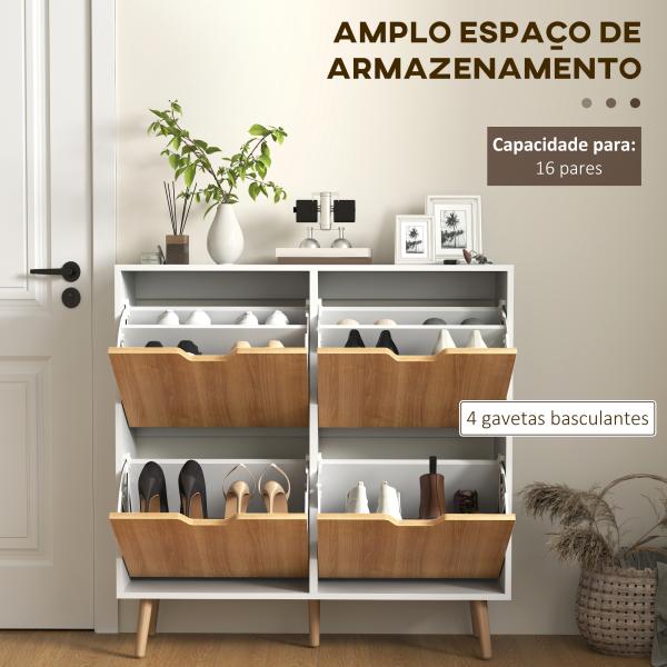 Sapateira para 16 Pares de Sapatos com 4 Gavetas e Prateleiras Ajustáveis 95x26x95 cm Branco e Madeira
