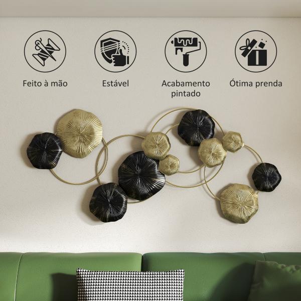 Decoração de Parede em Metal com Forma de Flor de Lótus Adorno para Sala Moderna Decoração 84x35 cm Dourado e Preto