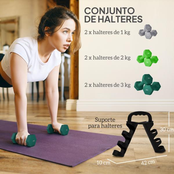 Conjunto de Halteres 2 x 1kg 2 x 32kg e 2 x 3kg Halteres Hexagonais com Suporte de Armazenamento para Treino Multicor