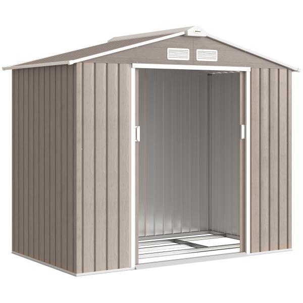 Abrigo de Jardim 213x130x185 cm Abrigo de Jardim Metálico de Exterior com 2 Portas Deslizantes e 4 Janelas Madeira