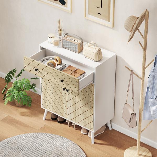 Sapateira de 2 Portas com Design em Espiga Prateleiras Ajustáveis Gaveta para 12 Pares de Sapatos 75x35x97 cm, Branco e Madeira
