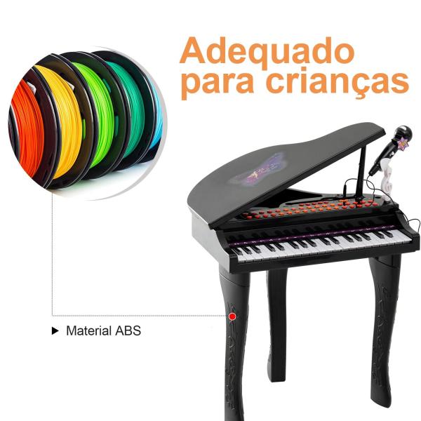 Piano para Crianças com 37 Teclas Microfone Banco Luzes 22 Músicas e Entrada para MP3 e USB 48x39x69 cm Preto