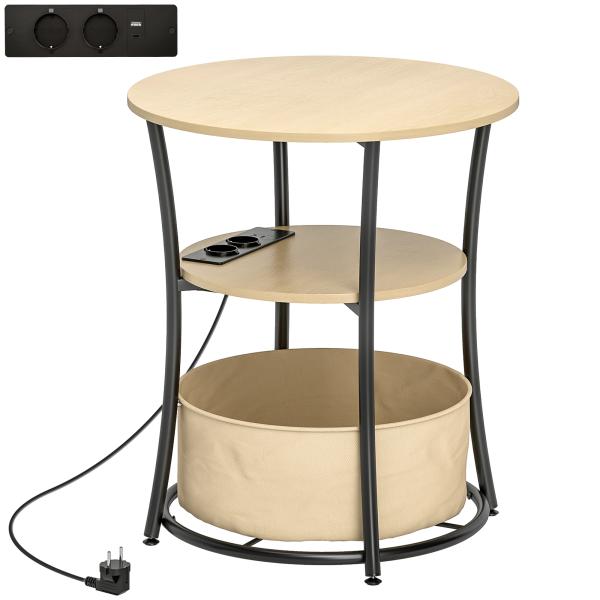 Mesa Auxiliar Redonda de 3 Níveis com Estação de Carregamento Mesa Auxiliar Industrial com 2 Prateleiras Abertas Ø50x55,1 cm Madeira e Preto