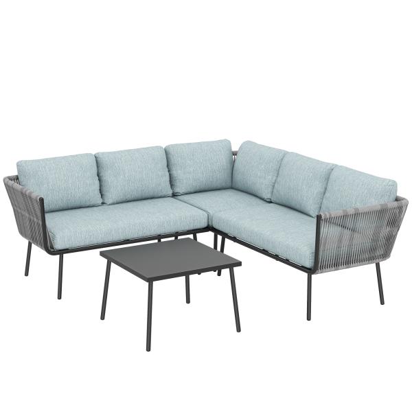 Conjunto de Móveis de Jardim em Ratã Sofá de Canto com Almofadas e Mesa de Centro para Terraço Exterior Azul Claro