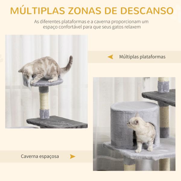 Árvore para gatos Arranhador Grande com Plataformas para Brincar coberta de Pelucía Cinza 48x48x100 cm