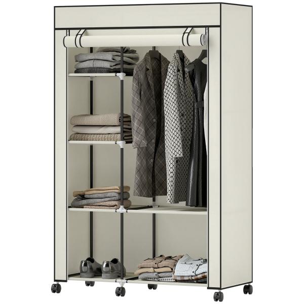 Roupeiro de Tecido Dobrável com 6 Prateleiras 1 Barra de Pendurar e Rodas para Dormitório Vestidor 103x43x162,5 cm Creme