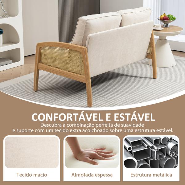 Sofá de 2 Lugares Estofado em Chenille com 2 Almofadas Laváveis e Apoio para os Braços em Vime Sintético 123x75x88 cm Bege