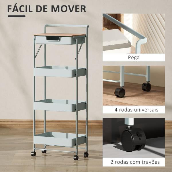 Carrinho Auxiliar com Rodas de 4 Níveis Carrinho de Cozinha com 1 Gaveta e 3 Cestos Carrinho Organizador 45x29,5x117,5 cm Verde