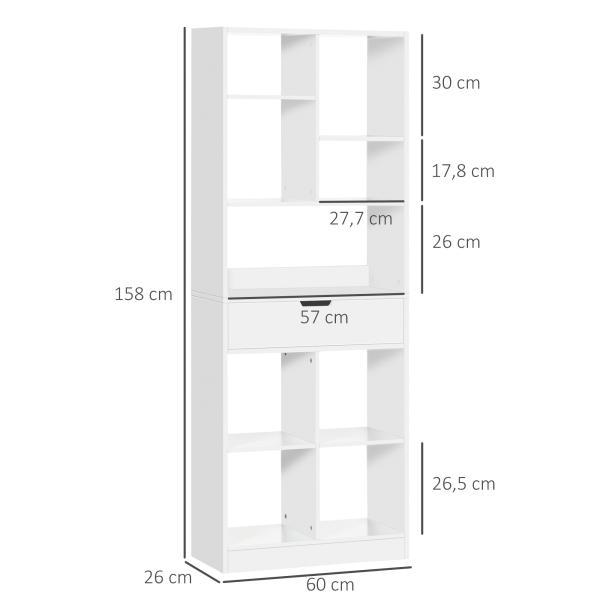 Estante de Madeira Estante para Livros com 1 Gaveta e 9 Compartimentos de Armazenamento 60x26x158cm Branco