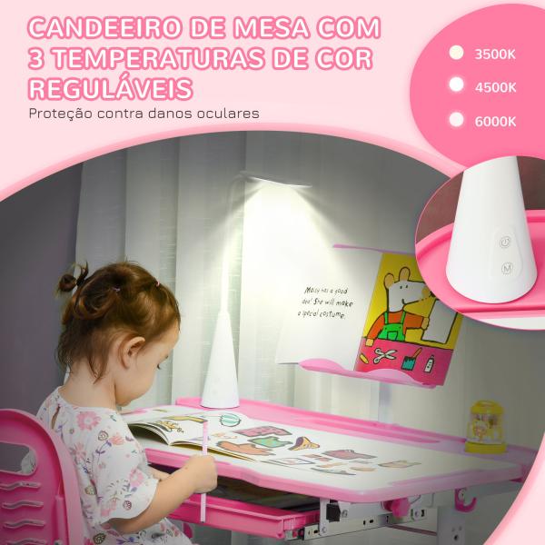 Conjunto de Secretária e Cadeira para Crianças com Altura Ajustável Mesa Inclinável Lâmpada LED 80x49,5x80 - 105cm e 36x34x60 - 73cm Rosa