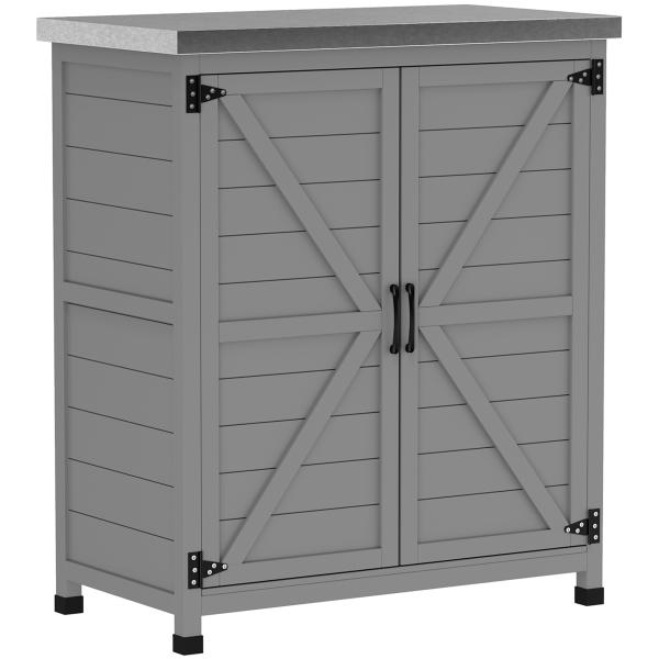 Armário de Exterior em Madeira com Tampo de Aço Galvanizado Prateleira 2 Portas para Armazenamento de Ferramentas 79x43x92 cm Cinza