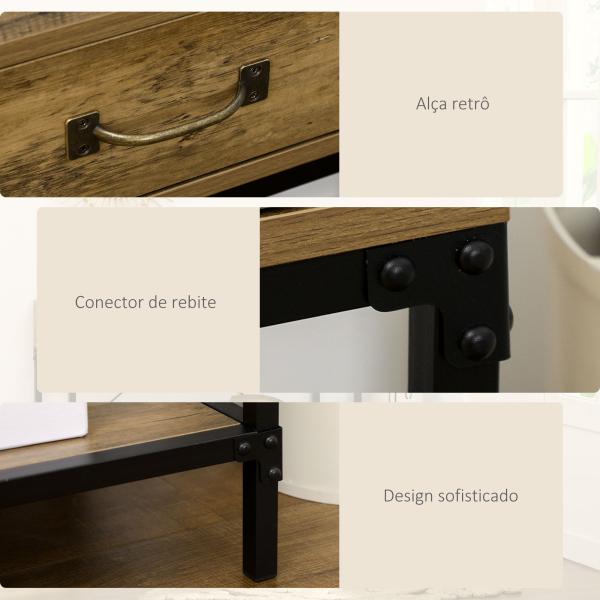 Mesa Consola Industrial Mesa de Sofá com 2 Gavetas e Prateleira para Entrada com Pés de Metal Castanho e Preto