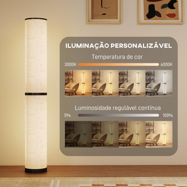 Candeeiro de Pé Moderno Candeeiro de Sala com Brilho Temperaturas de Cor Ajustáveis 3000K - 6000K Controle Remoto Magnético Temporizador para Quarto Escritório Decoração Ø20x135 cm Bege