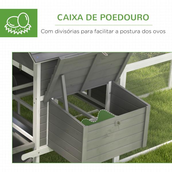 Galinheiro Grande de Madeira para 4 - 6 galinhas com Casa Principal Ninhos Área Aberta de 2,25 ㎡ 310,5x149,5x149 cm Cinza