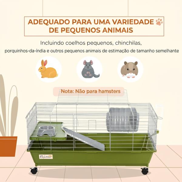Gaiola para Pequenos Animais com Rodas, Bebedouro, Comedouro e Dispensador de Feno, para Coelhos e Porquinhos - da - Índia, 89x44x43 cm, Verde