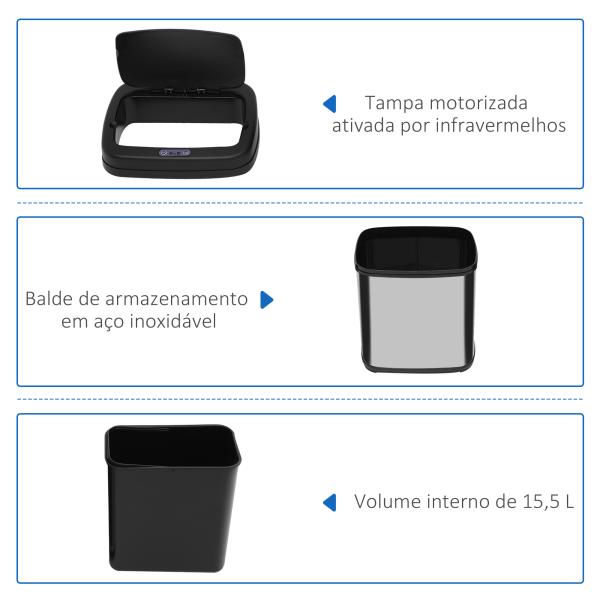 Balde de Lixo Automático 20L com Sensor Infravermelho Abertura Automática Cubo Amovível 33x25x42,5 cm Prata e Preto
