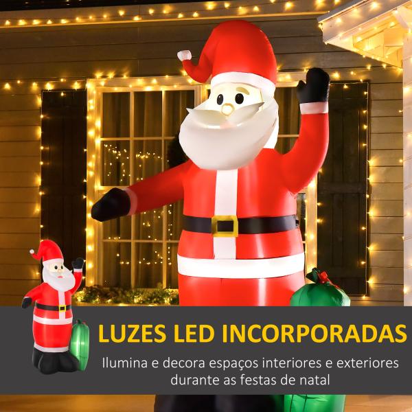 Pai Natal Insuflável com Saco de Presentes 3 Luzes LED IP44 e Inflador Elétrico Decoração de Natal para Interiores e Exteriores 148x85x240cm Vermelho e Verde