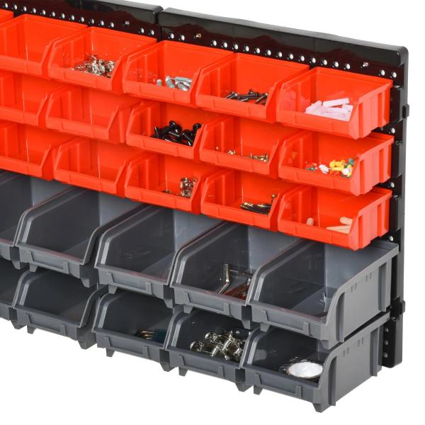 Organizador de Ferragens para Parede com 30 Caixas de 2 Tamanhos Diferentes 37,5x18x63 cm Vermelho e Cinza