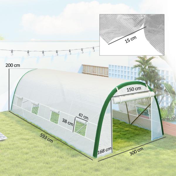 Estufa de Exterior 6x3x2 m Estufa de Túnel com Porta Enrolável 8 Janelas com Rede Cobertura PE 140g/m² Estrutura em Aço Branco