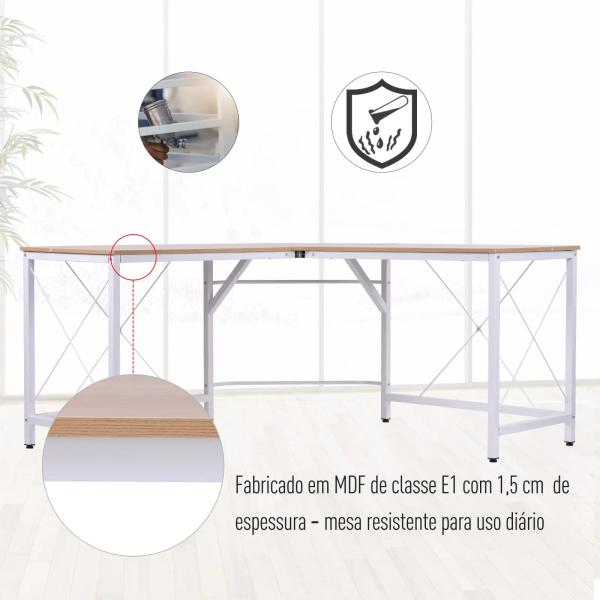 Secretária em Forma de L Secretária para Escritório com Estrutura de Metal Secretária de Canto 150x150x76 cm Branco e Madeira