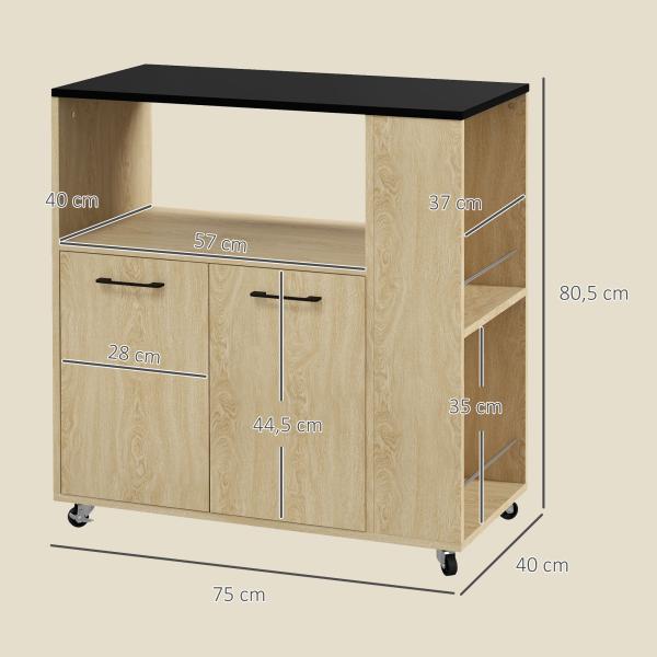 Carrinho de Cozinha com Rodas 2 Portas Prateleira Ajustável Porta - Especiarias para Sala de Jantar 75x40x80,5 cm Madeira