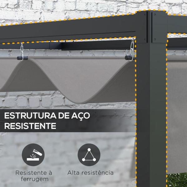 Pérgola de Parede 297x211x220 cm Pérgola de Jardim com Teto Retrátil e Estrutura de Aço Pérgola para Pátio Exterior Cinza Escuro