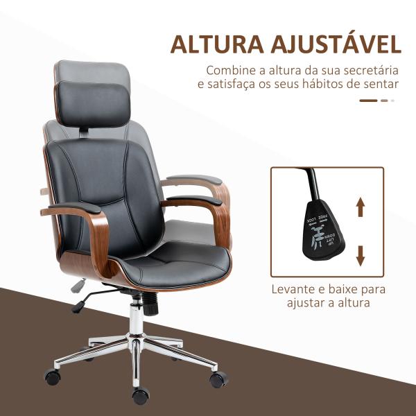 Cadeira de Escritório Operativa de Couro PU com Apoio para a Cabeça Amovível Altura Ajustável 63x62x110 - 120cm Preto e Madeira