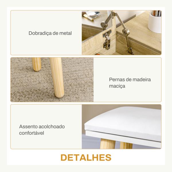 Toucador com Espelho Dobrável Mesa de Maquilhagem com Banco Compartimentos e Gavetas 100x45x118cm Madeira e Branco