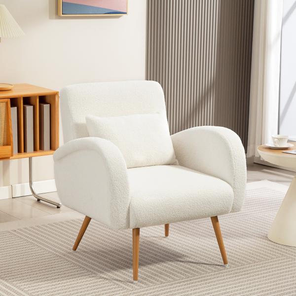 Poltrona em Tecido Teddy com Almofada Lombar Amovível e Pés Metálicos Efeito Madeira para Quarto, Creme