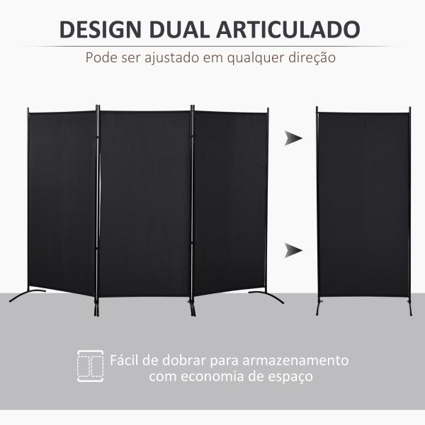 Biombo de 3 Paineis Separador de Ambientes Dobrável Biombo de Privacidade com 6 Pés de Metal 253x50x182 cm Preto