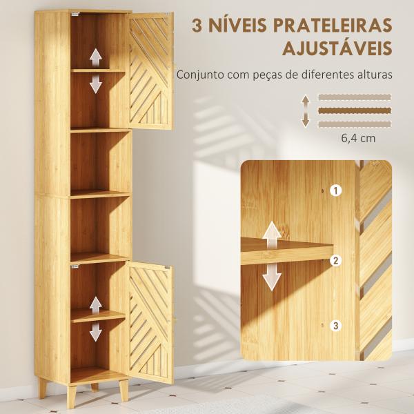 Coluna de Casa de Banho Estreita Armário de Casa de Banho Alto com Portas e Pés de Bambu 32x30x170 cm Madeira