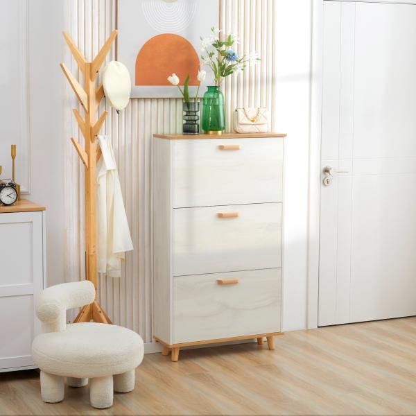 Sapateira Moderna com 3 Gavetas Abatíveis para 12 Pares de Sapatos e Prateleira Ajustável 70x23,5x122cm Branco Envelhecido