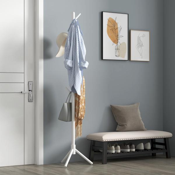Cabide de Pé de Madeira com 8 Ganchos para Pendurar Roupa e Bolsas para Corredor Entrada 40x40x165 cm Branco